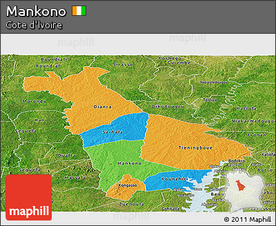 Political Panoramic Map of Mankono, satellite outside