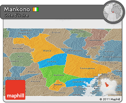 Political Panoramic Map of Mankono, semi-desaturated