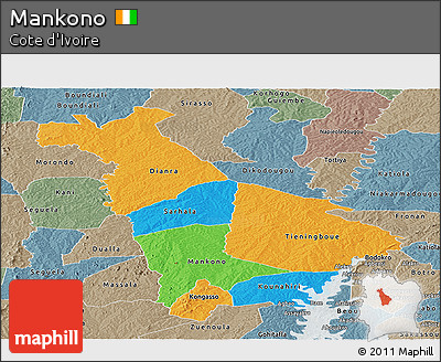 Political Panoramic Map of Mankono, semi-desaturated