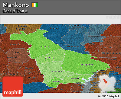 Political Shades Panoramic Map of Mankono, darken