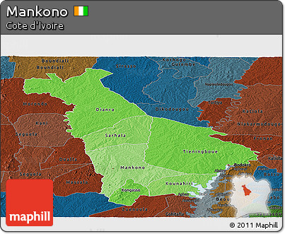 Political Shades Panoramic Map of Mankono, darken