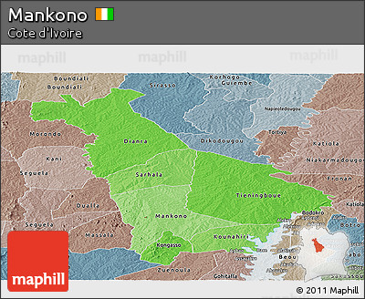 Political Shades Panoramic Map of Mankono, semi-desaturated