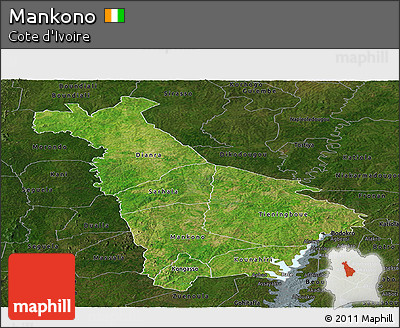 Satellite Panoramic Map of Mankono, darken