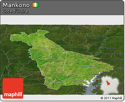 Satellite Panoramic Map of Mankono, darken