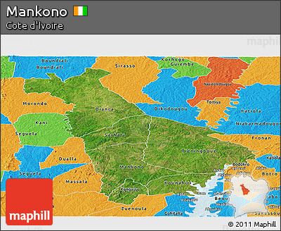 Satellite Panoramic Map of Mankono, political outside
