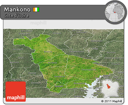 Satellite Panoramic Map of Mankono, semi-desaturated