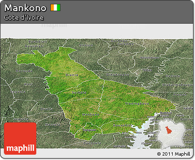 Satellite Panoramic Map of Mankono, semi-desaturated