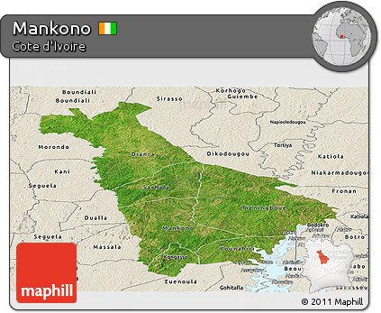 Satellite Panoramic Map of Mankono, shaded relief outside