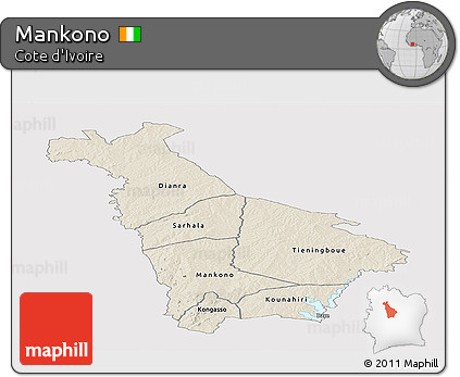 Shaded Relief Panoramic Map of Mankono, single color outside