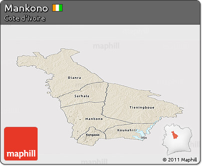 Shaded Relief Panoramic Map of Mankono, single color outside