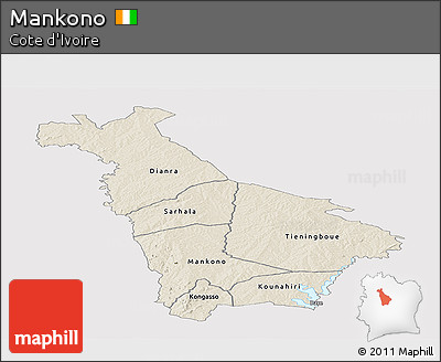 Shaded Relief Panoramic Map of Mankono, single color outside