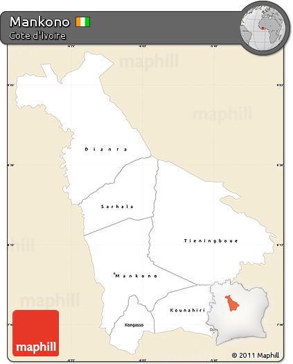 Classic Style Simple Map of Mankono, single color outside