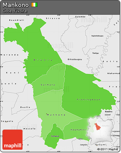 Political Shades Simple Map of Mankono, single color outside, borders and labels