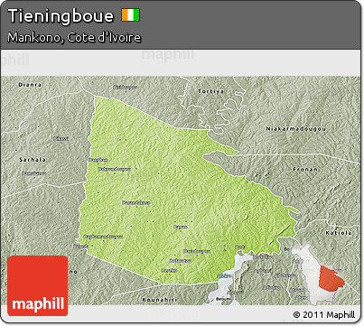 Physical 3D Map of Tieningboue, semi-desaturated