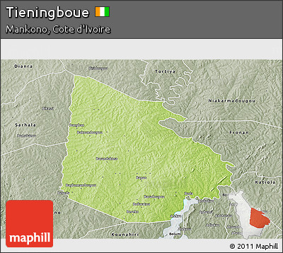 Physical 3D Map of Tieningboue, semi-desaturated