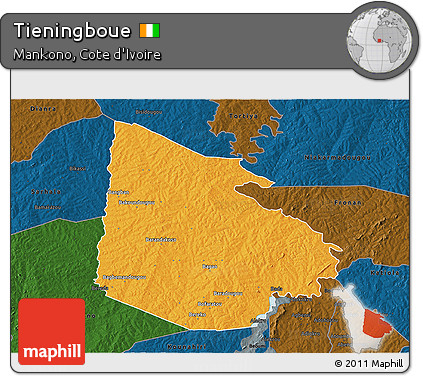 Political 3D Map of Tieningboue, darken