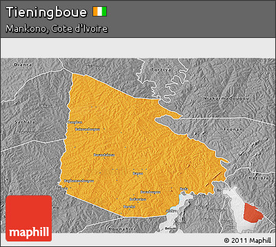 Political 3D Map of Tieningboue, desaturated