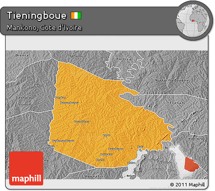 Political 3D Map of Tieningboue, desaturated