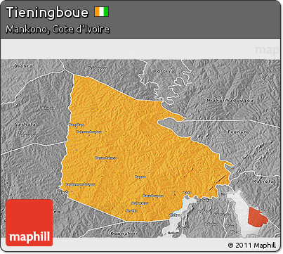 Political 3D Map of Tieningboue, desaturated