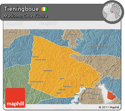 Political 3D Map of Tieningboue, semi-desaturated