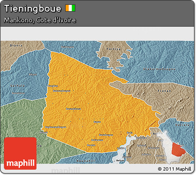 Political 3D Map of Tieningboue, semi-desaturated