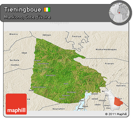 Satellite 3D Map of Tieningboue, shaded relief outside