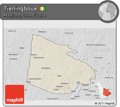 Shaded Relief 3D Map of Tieningboue, desaturated