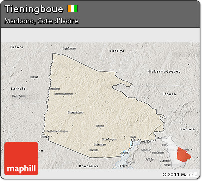 Shaded Relief 3D Map of Tieningboue, semi-desaturated
