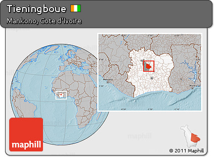 Gray Location Map of Tieningboue, highlighted country, highlighted parent region, within the entire country, hill shading