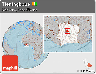 Gray Location Map of Tieningboue, highlighted country, highlighted parent region, within the entire country, hill shading