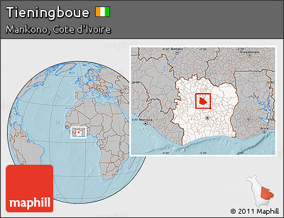 Gray Location Map of Tieningboue, highlighted country, hill shading