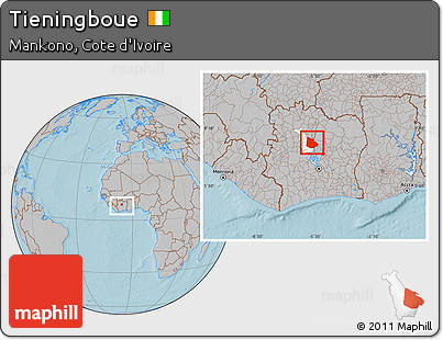 Gray Location Map of Tieningboue, highlighted parent region, within the entire country, hill shading