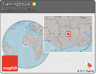 Gray Location Map of Tieningboue, highlighted parent region, hill shading