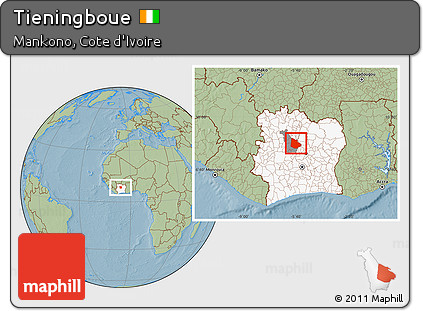Savanna Style Location Map of Tieningboue, highlighted country, highlighted parent region, hill shading