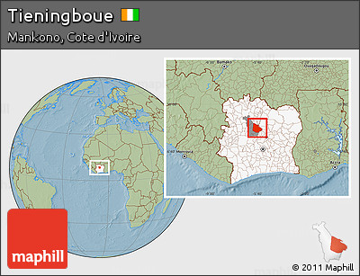 Savanna Style Location Map of Tieningboue, highlighted country, highlighted parent region, hill shading