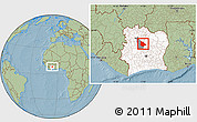 Savanna Style Location Map of Tieningboue, highlighted country, highlighted parent region, hill shading