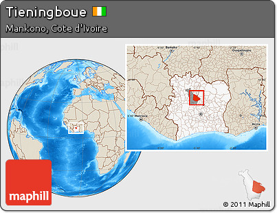 Shaded Relief Location Map of Tieningboue, highlighted country, highlighted parent region