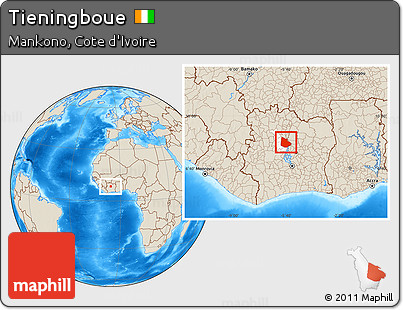 Shaded Relief Location Map of Tieningboue, highlighted parent region