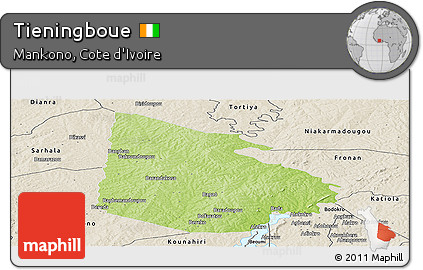 Physical Panoramic Map of Tieningboue, shaded relief outside