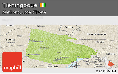 Physical Panoramic Map of Tieningboue, shaded relief outside