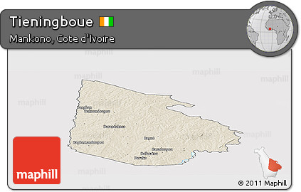 Shaded Relief Panoramic Map of Tieningboue, single color outside