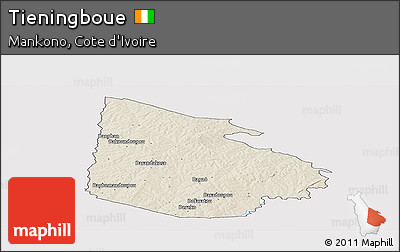 Shaded Relief Panoramic Map of Tieningboue, single color outside