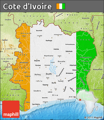 Flag Map of Cote D'Ivoire, physical outside, bathymetry sea, flag centered