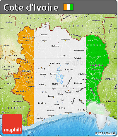 Flag Map of Cote D'Ivoire, physical outside, bathymetry sea, flag centered