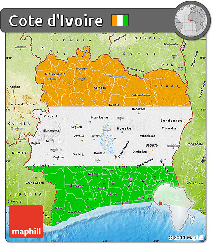 Flag Map of Cote D'Ivoire, physical outside, bathymetry sea, flag rotated