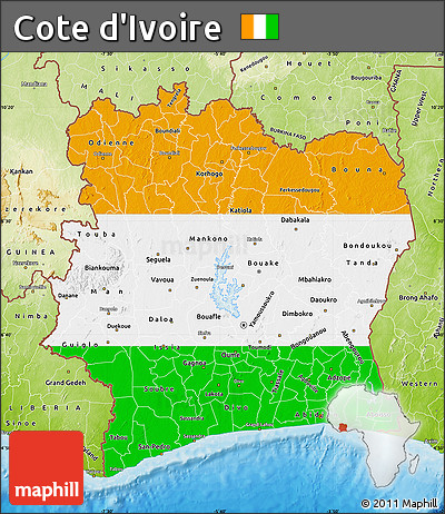 Flag Map of Cote D'Ivoire, physical outside, bathymetry sea, flag rotated