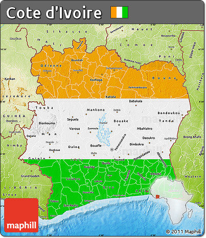 Flag Map of Cote D'Ivoire, physical outside, bathymetry sea, flag rotated