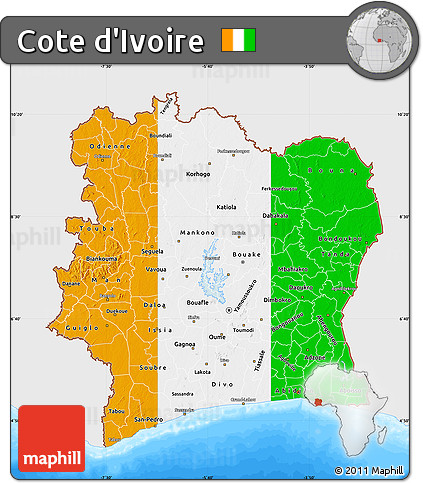 Flag Map of Cote D'Ivoire, single color outside, bathymetry sea