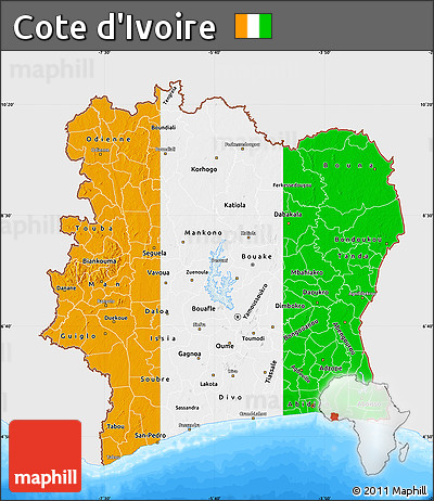 Flag Map of Cote D'Ivoire, single color outside, bathymetry sea