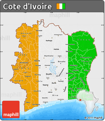 Flag Map of Cote D'Ivoire, single color outside, bathymetry sea